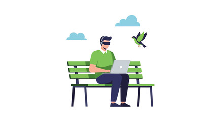 Fototapeta premium Man with VR Headset and Laptop Sitting on Park Bench - Futuristic Remote Work and Metaverse Concept Vector Illustration