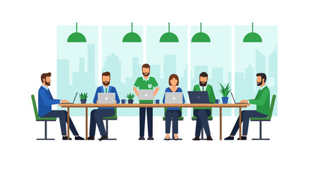 Fototapeta premium Professional Team Working Together in Modern Office, Business People with Laptops in Creative Coworking Space, Vector Flat Illustration