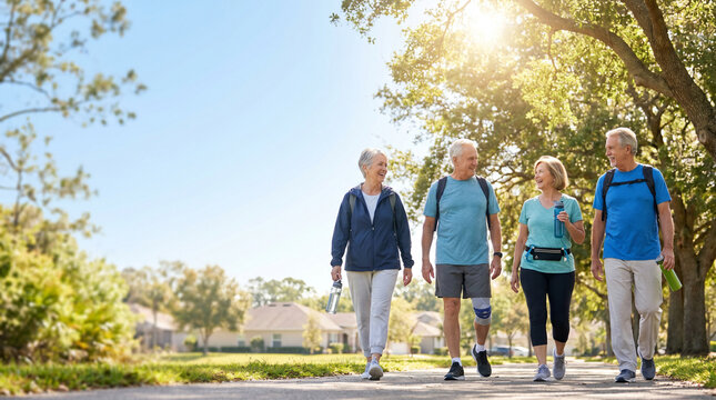 Active group of happy senior friends walking outdoors together in a sunny neighborhood park celebrating Older Americans Month and healthy aging.