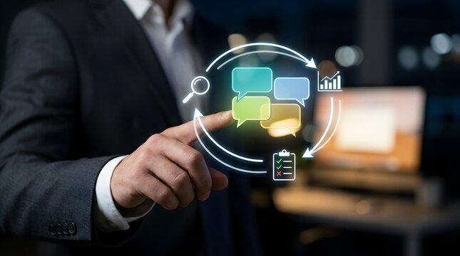 Feedback loop between AI chatbot and human user, through business professional using smartphone to automation, communication, and virtual interaction for customer service and business growth