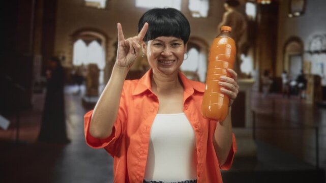 Woman holding a large orange juice bottle, wearing orange shirt and white tank top, flashing rock horns hand gesture in museum building; playful celebration.