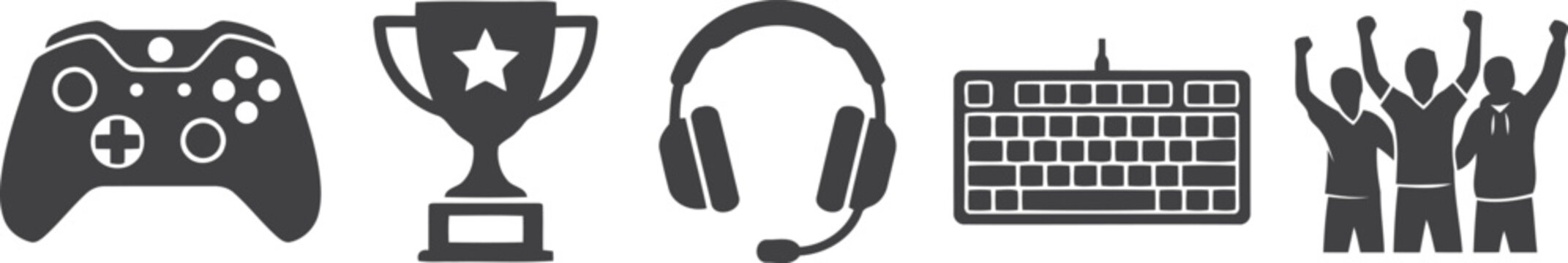 Black icons of gaming controller trophy headphones keyboard and gamers