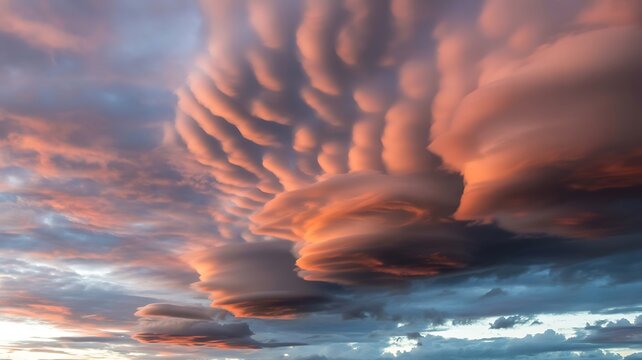 Dramatic Mammatus Clouds at Sunset, Pink Orange Blue Sky, Unique Weather Formation