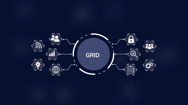 Central circular hub labeled GRID connected by lines to hexagonal representing network wifi people growth graph globe on Black Background and features 4k Animation video