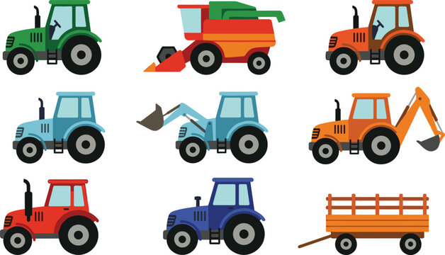 Cartoon Farm Machinery Illustration Set Featuring Tractors, Harvesters, Loaders, and Agricultural Equipment for Countryside Farming Concepts