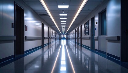 Fototapeta premium Empty Modern Hospital Corridor with Polished Floors and Overhead Lighting