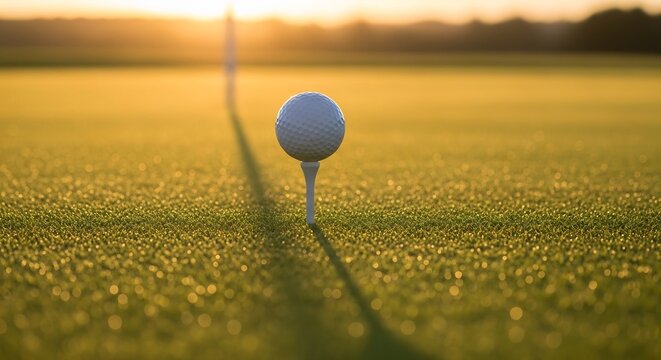 Golf ball on tee at sunrise on a golf course.