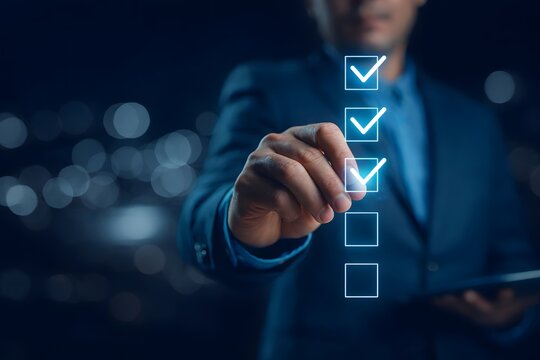 Businessman tick correct sign mark for document approve, project acceptance and quality assurance concept, take an assessment, questionnaire, evaluation, online survey, online exam, checklist.
