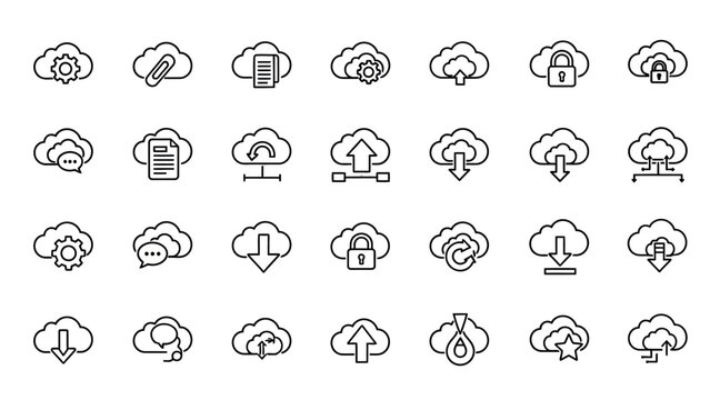 Collection of diverse cloud computing linear vector icons for digital interface design and modern web application development projects