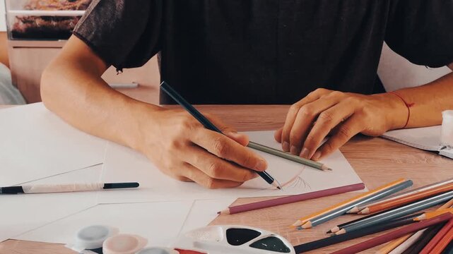 a man draws with pencils on paper 