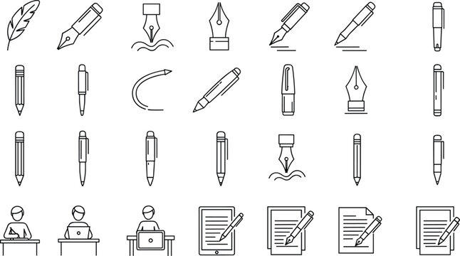Writing Icon Collection Featuring Pens, Pencils, Quills, People Writing, and Document Editing Symbols in Stylized Black‑and‑White Line Designs
