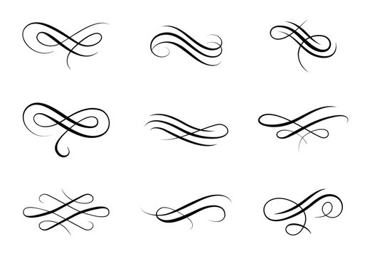 Several black calligraphic ornament flourishes arranged across a white background decorative vector loops for design elements. Vector illustration