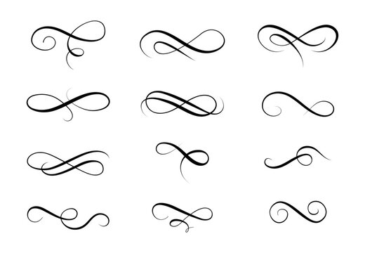 Set of multiple black calligraphic swirls and flourishes on white background, decorative borders and ornamental scroll elements. Vector illustration