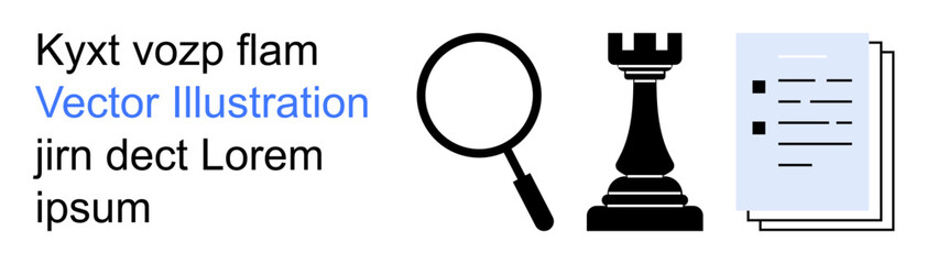 Research, strategy, decision-making, education, business, information analysis. Magnifying glass, chess rook and documents arranged. Research and strategy concepts in business and education © robu_s