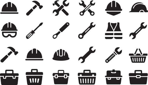 Industrial tools flat icon set construction repair instrument equipment handyman toolbox service kit elements.