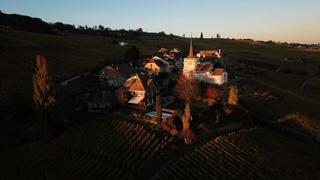 Aerial view of the historic village of Fechy-Dessus with its church spire surrounded by lush vineyards during golden hour in Fechy, Vaud, Switzerland.
