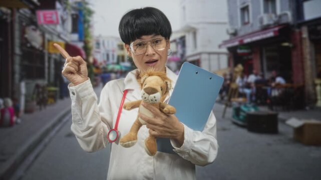 Woman doctor points finger while holding a stethoscope, blue clipboard and plush lion on a street; child health compassion.