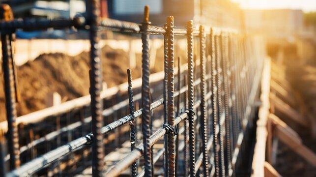 Steel reinforcement bars form a structural grid in a concrete foundation at a construction site. Ultra-realistic detail highlights modern infrastructure engineering.