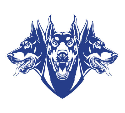 Cerberus mythological three headed dog vector, aggressive Doberman Pinscher mascot heads, blue hellhound beast illustration for sports team logo