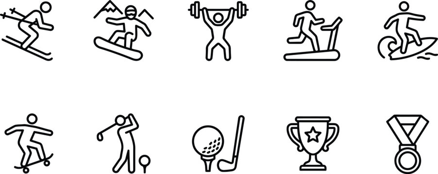 Olympic Sports and Outdoor Activity Line Icon Set Featuring Skiing Snowboarding Weightlifting Running and Surfing Vector