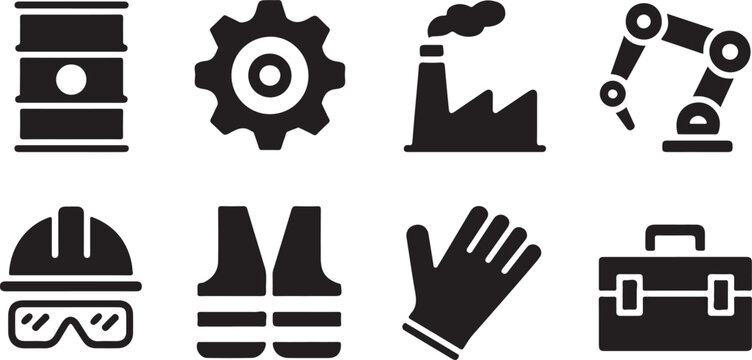 Industrial and construction site equipment icons showing oil barrel gear factory plant robot arm helmet vest glove toolkit.