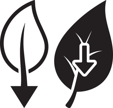 Minimalist leaf icons with down arrows, eco-friendly reduction symbols, black and white organic sustainability vector graphics for environmental conservation