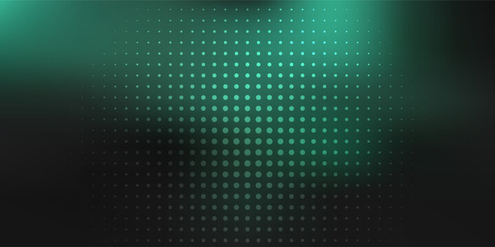Abstract dark green halftone background with glowing dots pattern and mesh gradient effect