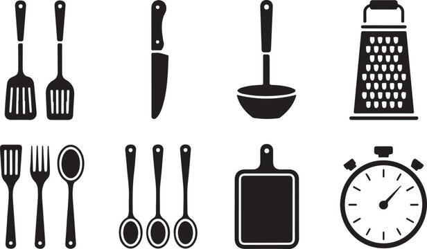 Set of ten different kitchen utensil symbols ideal for cooking blogs, culinary content, and home kitchen themes.