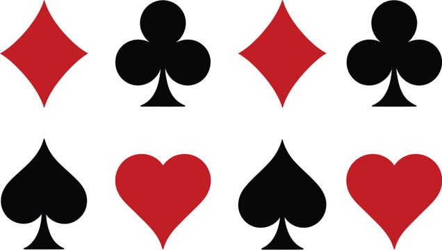 Playing cards icon set, poker flat icons with card suit symbols, vector illustration for casino games, wallpaper, textile patterns and gaming logo design elements.