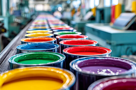Cans filled with various colors sit on a production line inside a factory. Workers manage the paint for commercial printing tasks. Bright colors dominate the scene