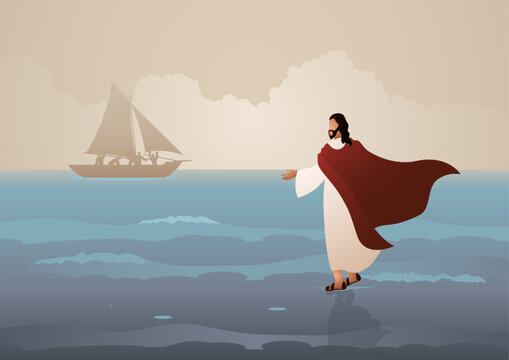 Biblical vector illustration series, Jesus walking on water biblical miracle Christian faith and power concept