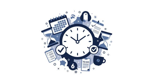 Time Management and Productivity Concept Vector Illustration with Clock, Hourglass, Calendar, and To-Do Lists