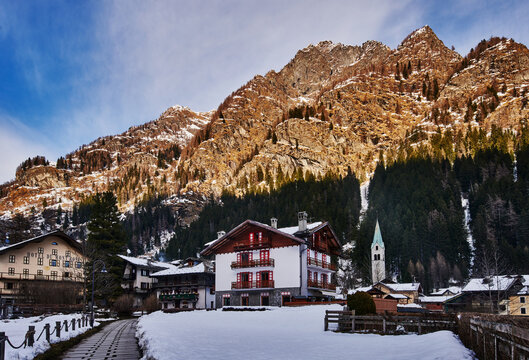 snowy winter scene in the alpine village of Gressoney-Saint-Jean, located in the Aosta Valley region of northern Italy, Europe