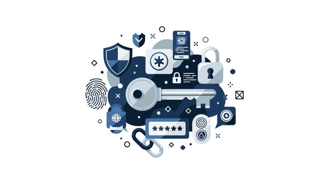 Cybersecurity and Digital Data Protection Concept Illustration with Key, Padlock, and Shield Icons on White Background