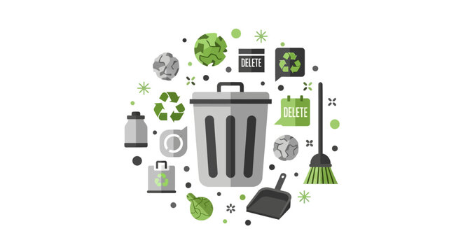 Flat Vector Illustration of Waste Management and Digital Cleanup Concept with Trash Can, Recycling Icons, and Cleaning Tools