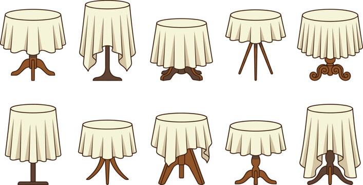Round Table with Cloth Cover Collection Featuring Elegant Draped Fabric Styles and Various Table Leg Designs Isolated on White Background Illustration