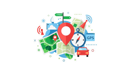 Obraz premium GPS Navigation and Travel Technology Illustration with Maps, Compass, and Map Pin Icon