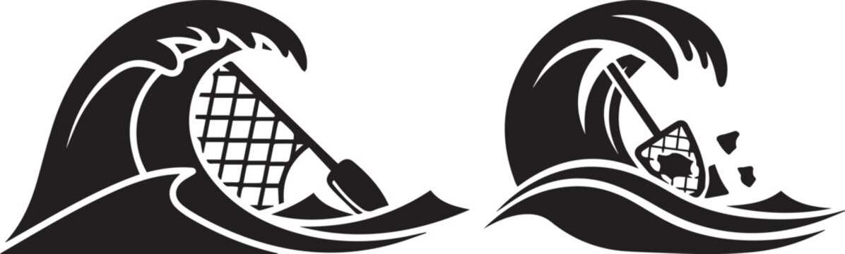 Stylized ocean wave icons with fishing net, black and white nautical vector set, sea surf and commercial fishing equipment illustrations