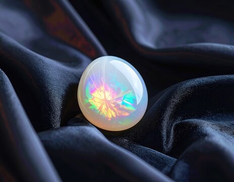 A luminous iridescent opal gemstone with dazzling rainbow fire resting on dark elegant silk fabric, showcasing its natural beauty.
