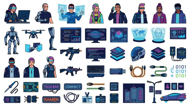 People cyborgs robots drones computers guns cables and futuristic objects cyberpunk icon set vector illustration