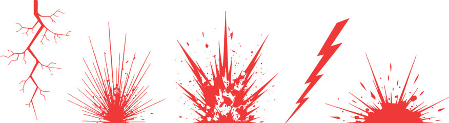 Abstract red grunge impact cracks lightning strikes and explosion burst elements vector illustration background set. © Artful
