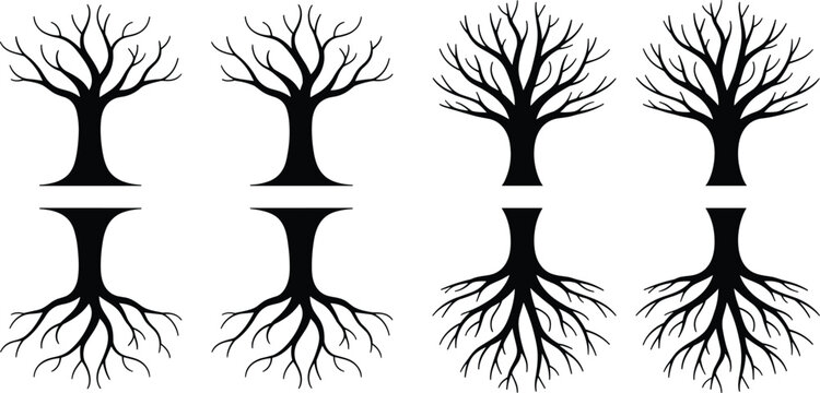 Set of minimalist black tree silhouettes with mirrored root reflections for nature logos life cycle symbols and genealogical designs.