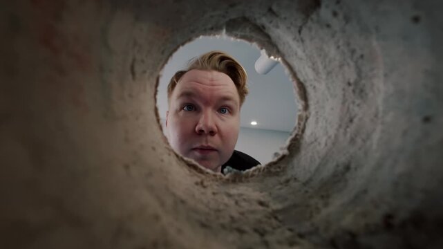 Man looking through drilled wall hole from inside