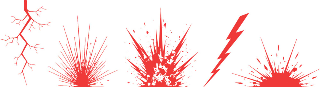 Abstract red grunge impact cracks lightning strikes and explosion burst elements vector illustration background set.