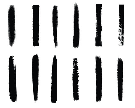 Vertical black grunge brush stroke set. Rough ink paint sidebars and column dividers. Vector design elements.