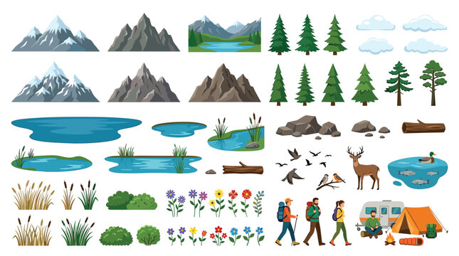 Mountains trees lakes clouds rocks logs birds deer duck fish hikers camper tent campfire sleeping bag backpack flowers bushes grass cattails nature elements vector illustration set