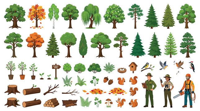 Trees bushes plants leaves squirrels birds rangers lumberjack vector illustration set