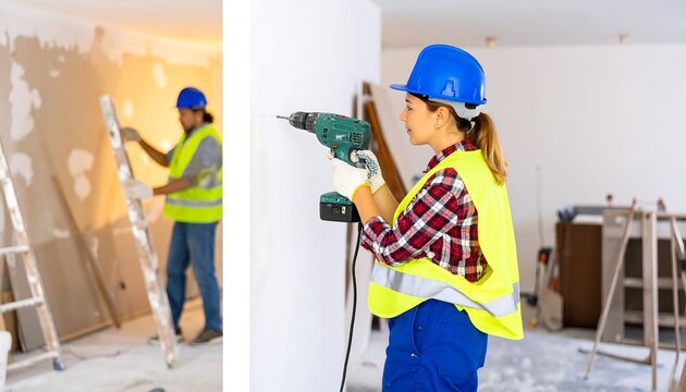Two construction workers, one drilling a wall and the other preparing a wallboard, both wearing safety vests and hardhats