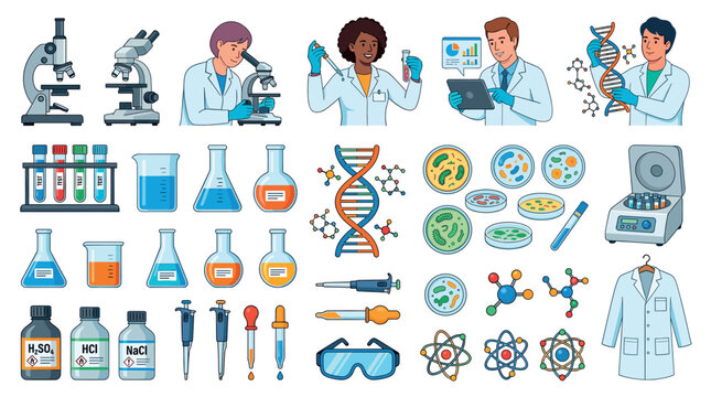 Scientists microscopes test tubes beakers flasks DNA molecules petri dishes centrifuge lab coat safety glasses vector illustration set