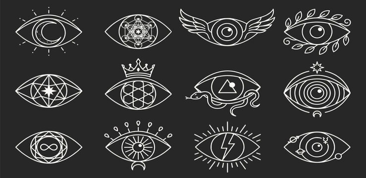 A captivating collection of mystical eye symbols, rendered in intricate line art, representing spiritual insight, protection, and esoteric wisdom for modern design applications